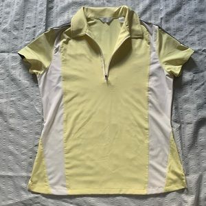 Callaway women’s short sleeve golf polo color yellow/white/gray. Size medium